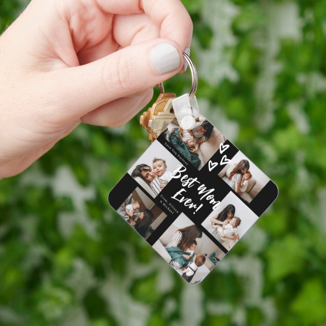 Mom Script Typography 7 Photo Collage Key Ring (Hand)