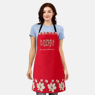  Mom Text with blossoms and Kid Names Red  Apron