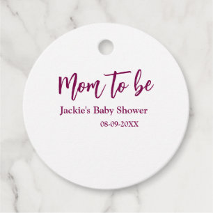 Mom to be baby shower name date pink simple minima favour tags