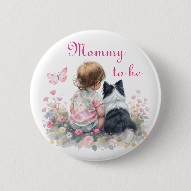 Mom to be | Pink Baby and Puppy Baby Shower 6 Cm Round Badge (Front)