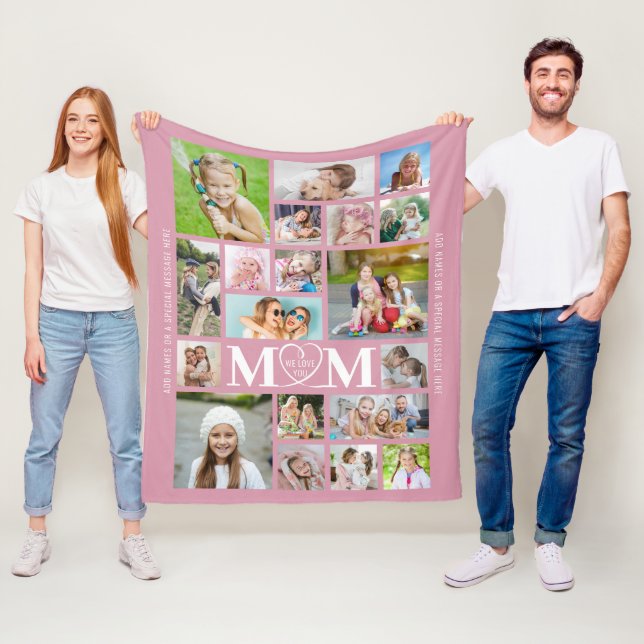 MOM WE LOVE YOU 19 Photo Collage Pink Fleece Blanket (In Situ)