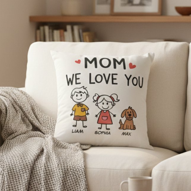 Mom We Love You Kids and Dog Family Names Cushion (Creator Uploaded)