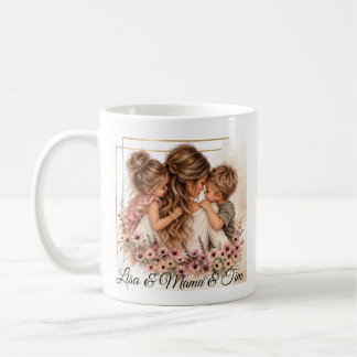 Mom with Daughter & Son Mug - With Custom Name