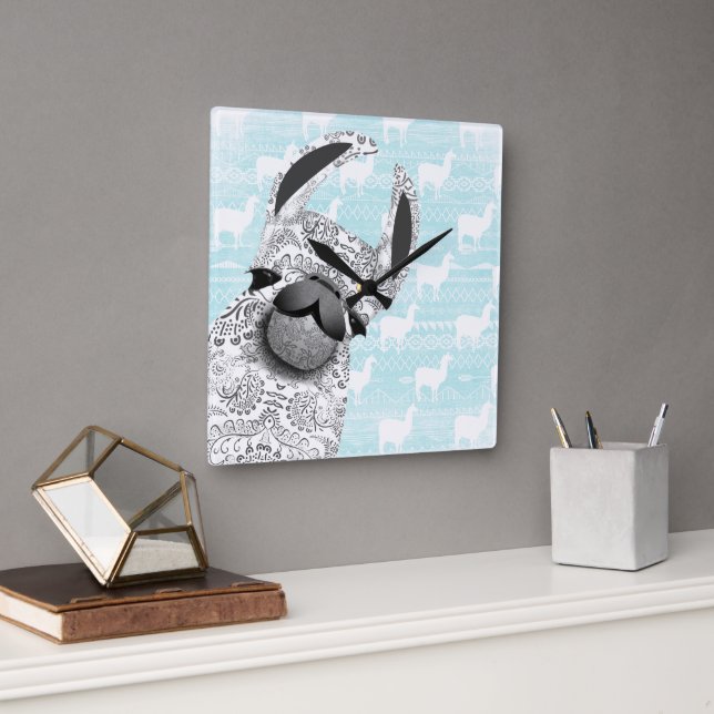 Moma Llama with White Llama Cloud Pattern Square Wall Clock (Office)