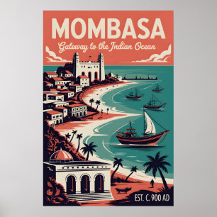 Mombasa Kenya Retro Travel Poster Art