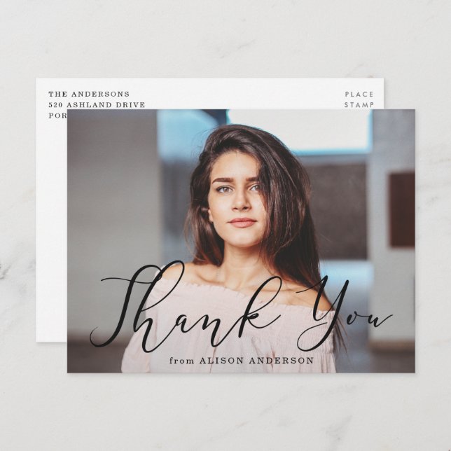 Momentous Black Script Photo Graduation Thank You Postcard (Front/Back)