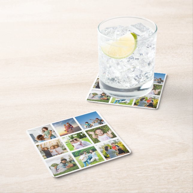 Moments Treasured: Customisable 9 Photo Collage Square Paper Coaster (Insitu)