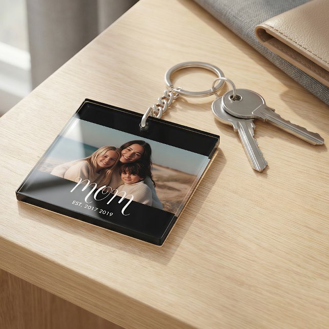 MomEstablishedBlack White Script Photo Key Ring (Creator Uploaded)