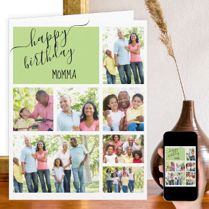 Momma 7 Photo Collage Green Personalized Birthday Card
