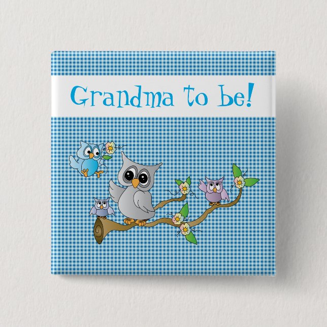Momma & Baby Owls on a Blue Plaid | Grandma to be 15 Cm Square Badge (Front)