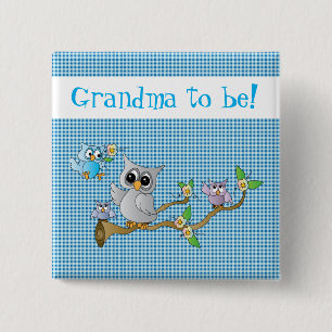 Momma & Baby Owls on a Blue Plaid   Grandma to be 15 Cm Square Badge
