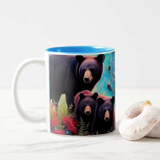 Momma Bear and cubs Two-Tone Coffee Mug (With Donut)