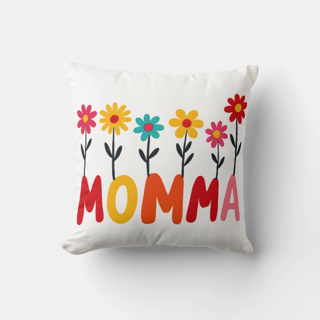 MOMMA Bloom – Whimsical Floral Hand-Drawn Art Cushion (Front)