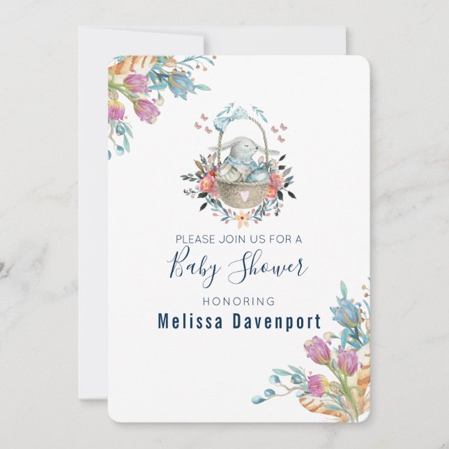 Momma Bunny in Basket & Tulip Florals Baby Shower Invitation (Front)