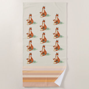 Momma Fox and Baby Watercolor Illustration Beach Towel