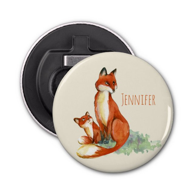 Momma Fox and Baby Watercolor Illustration Bottle Opener (Front)