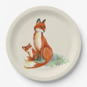 Momma Fox and Baby Watercolor Illustration Paper Plate