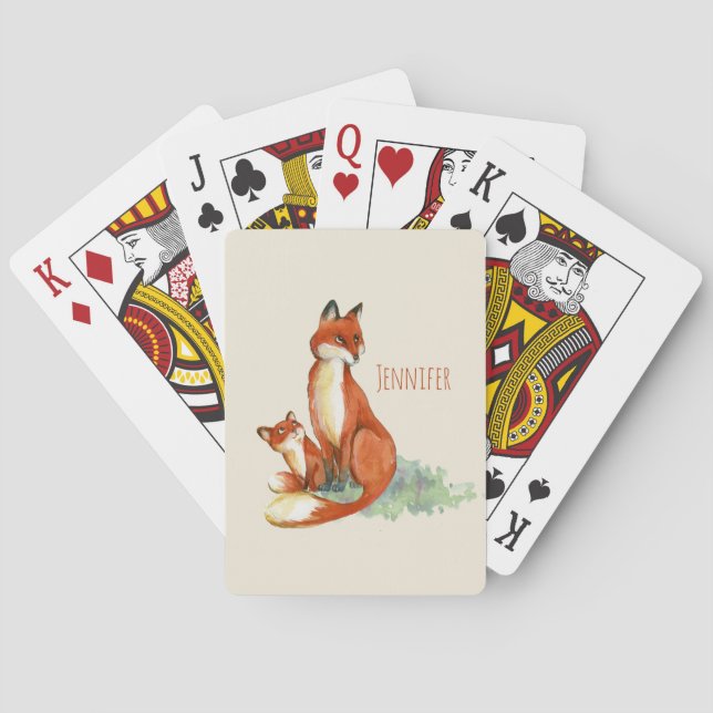 Momma Fox and Baby Watercolor Illustration Playing Cards (Back)
