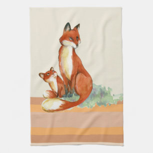 Momma Fox and Baby Watercolor Illustration Tea Towel