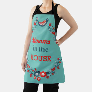Momma in the House Red and Blue Bird Wreath Apron