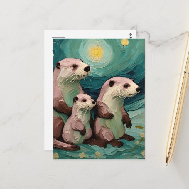 Momma Poppa and Baby Otter in the Ocean Postcard (Front/Back In Situ)