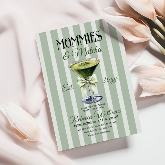 Mommies and Matcha Olive Green Bow Baby Shower Invitation (Creator Uploaded)
