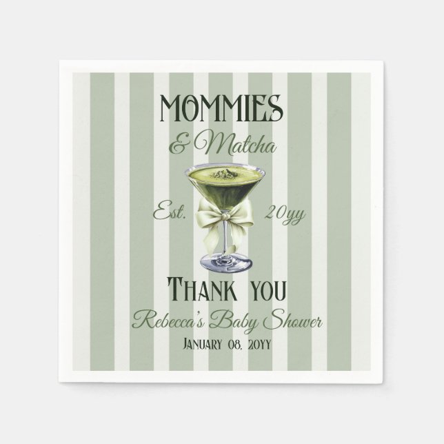 Mommies and Matcha Olive Green Bow Baby Shower Napkin (Front)
