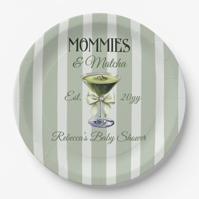 Mommies and Matcha Olive Green Bow Baby Shower Paper Plate (Front)