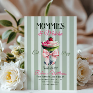 Mommies and Matcha Strawberry Pink Bow Baby Shower Invitation