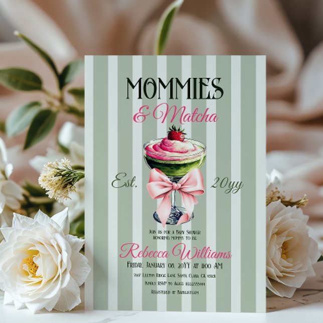 Mommies and Matcha Strawberry Pink Bow Baby Shower Invitation (Creator Uploaded)
