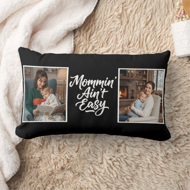 Mommin Ain't Easy Brush Script Two 2 Photo Black Lumbar Cushion (Blanket)