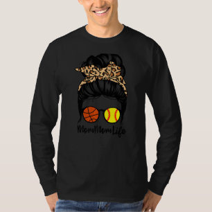 Mommom Life Messy Bun Hair Funny Softball Basketba T-Shirt
