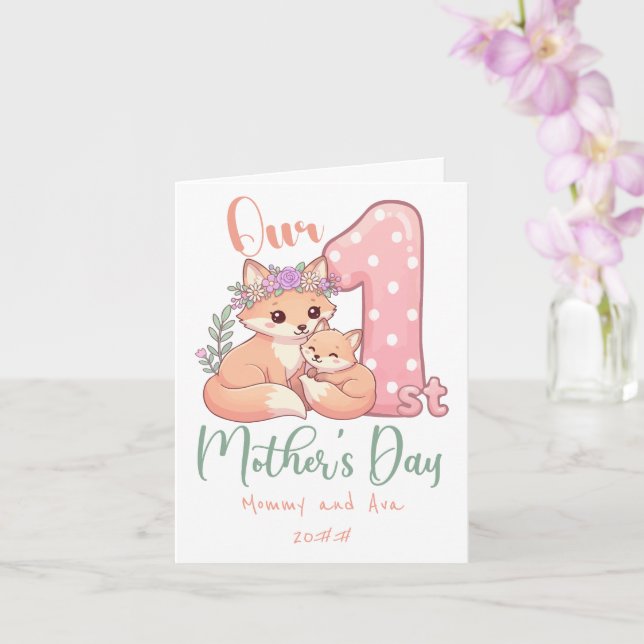 Mommy and Baby Fox Pink 1st Mothers Day Card (Orchid)