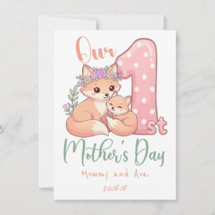 Mommy and Baby Fox Pink 1st Mothers Day Card