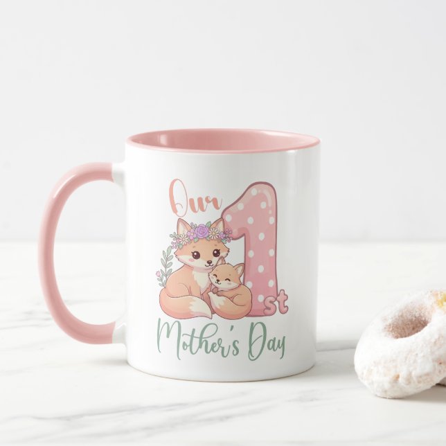 Mommy and Baby Fox Pink 1st Mothers Day Mug (With Donut)