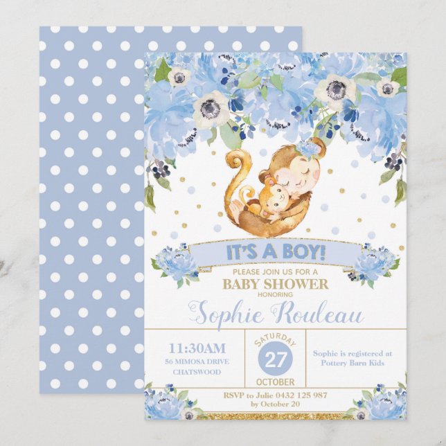 Mommy Monkey and Baby Monkey Baby Shower Baby Boy Invitation (Front/Back)