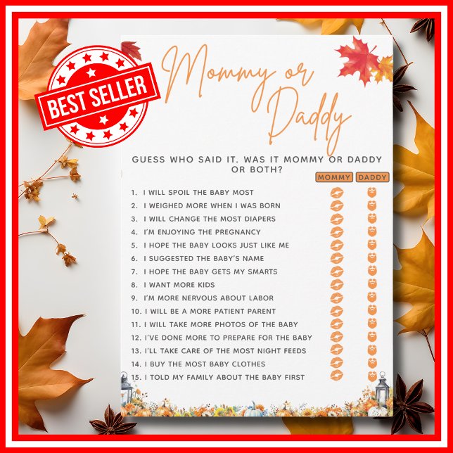 MOMMY OR DADDY Baby Shower Game A Little Pumpkin  Invitation (MOMMY OR DADDY Baby Shower Game with Answers A Little Pumpkin is on the Way Theme )