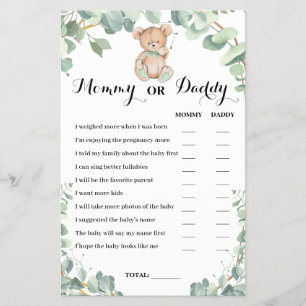Mommy or Daddy Bear Greenery Baby Shower Game Card