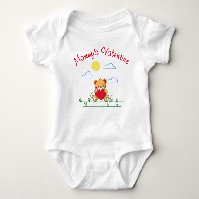 Mommy’s Valentine – Cute Teddy Bear With Heart Baby Bodysuit (Front)