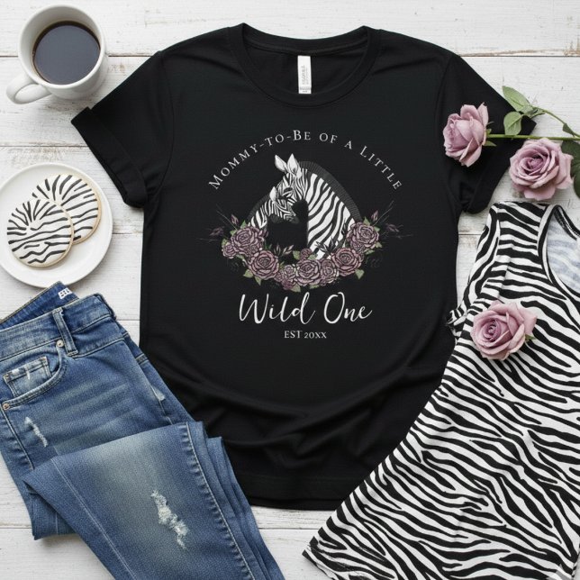 Mommy to Be A Little Wild One Baby Zebra T-Shirt (Mommy to Be of a little Wild One Tshirt for Mother to be. Moody Floral Zebra Mom & cute Baby for Her)