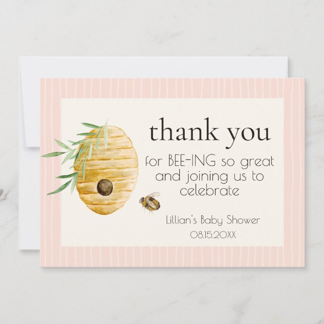 Mommy To Bee Pink Stripes Girl Baby Shower  Thank You Card (Front)