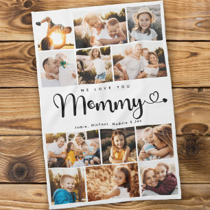 Mommy We Love you Hearts Modern Photo Collage Tea Towel