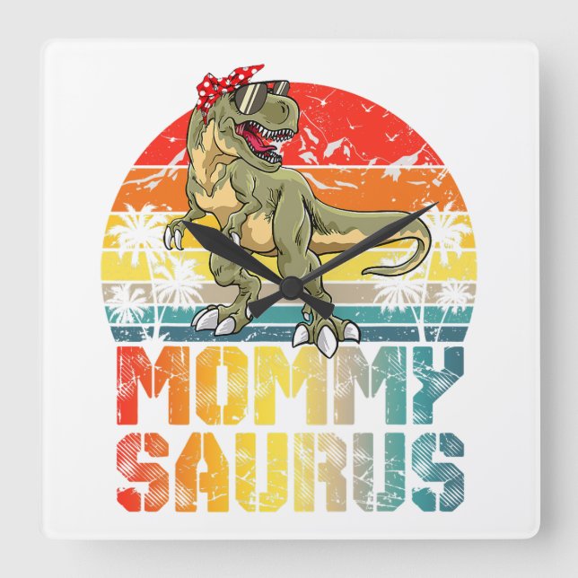 Mommysaurus T Rex Dinosaur Mummy Saurus Family Mat Square Wall Clock (Front)