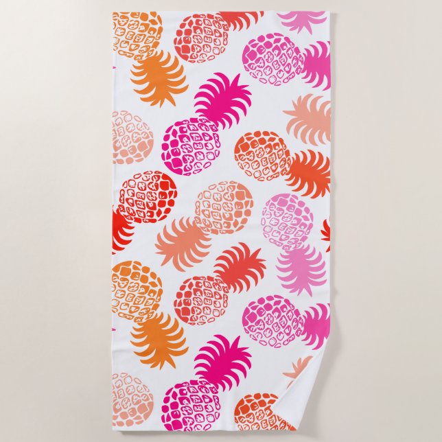 Momona Hawaiian Tropical Pineapple - Pink- White Beach Towel (Front)
