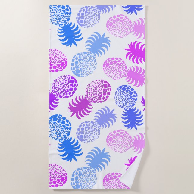 Momona Hawaiian Tropical Pineapple - Violet- White Beach Towel (Front)