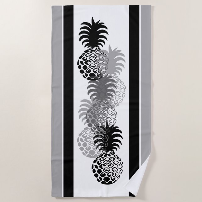 Momona Pineapple Hawaiian Striped Tropical -Black Beach Towel (Front)