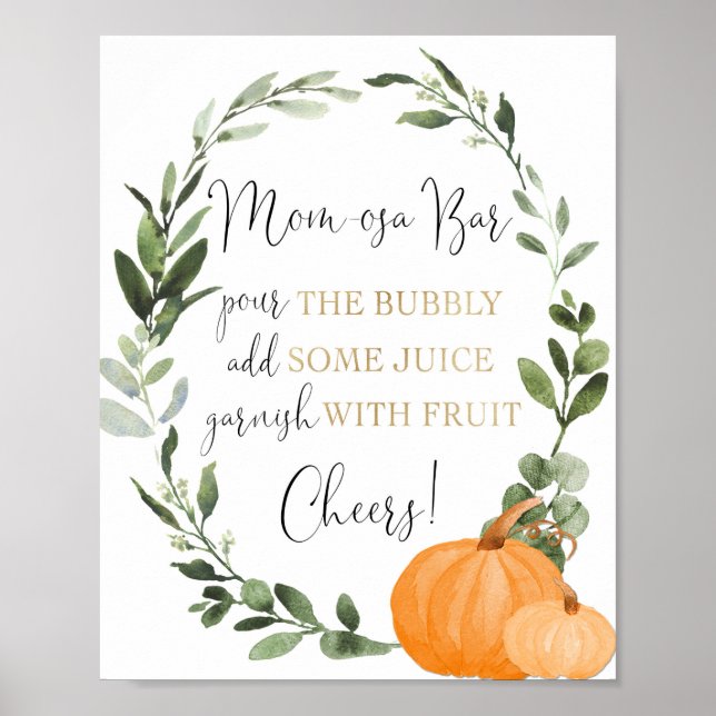 Momosa bar fall pumpkins greenery gold baby shower poster (Front)