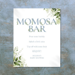 Momosa Bar Greenery Dusty Blue Baby Shower Poster