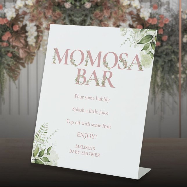 Momosa Bar Greenery Dusty Rose Pink Baby Shower Pedestal Sign (Momosa Bar Greenery Dusty Rose Pink Baby Shower Pedestal Sign)