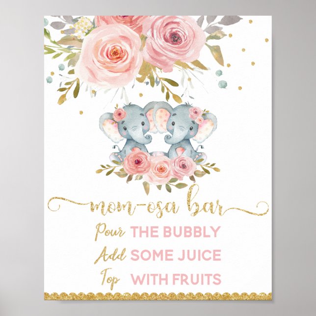Momosa Bar Mimosa Bar Twins Elephant Baby Shower Poster (Front)